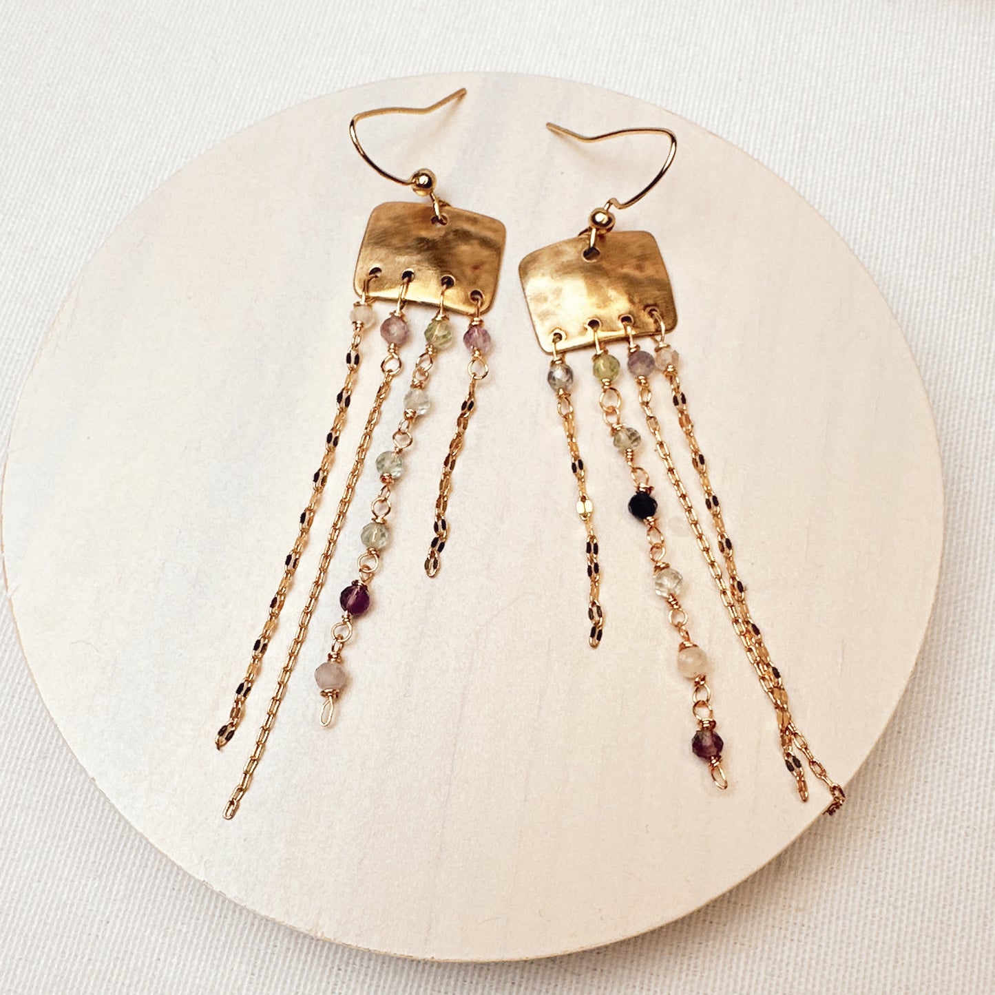 Gold Brass Waterfall Earrings with Fluorite – Handcrafted Dangle Earrings