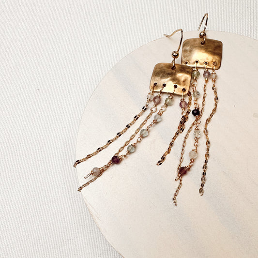 Gold Brass Waterfall Earrings with Fluorite – Handcrafted Dangle Earrings