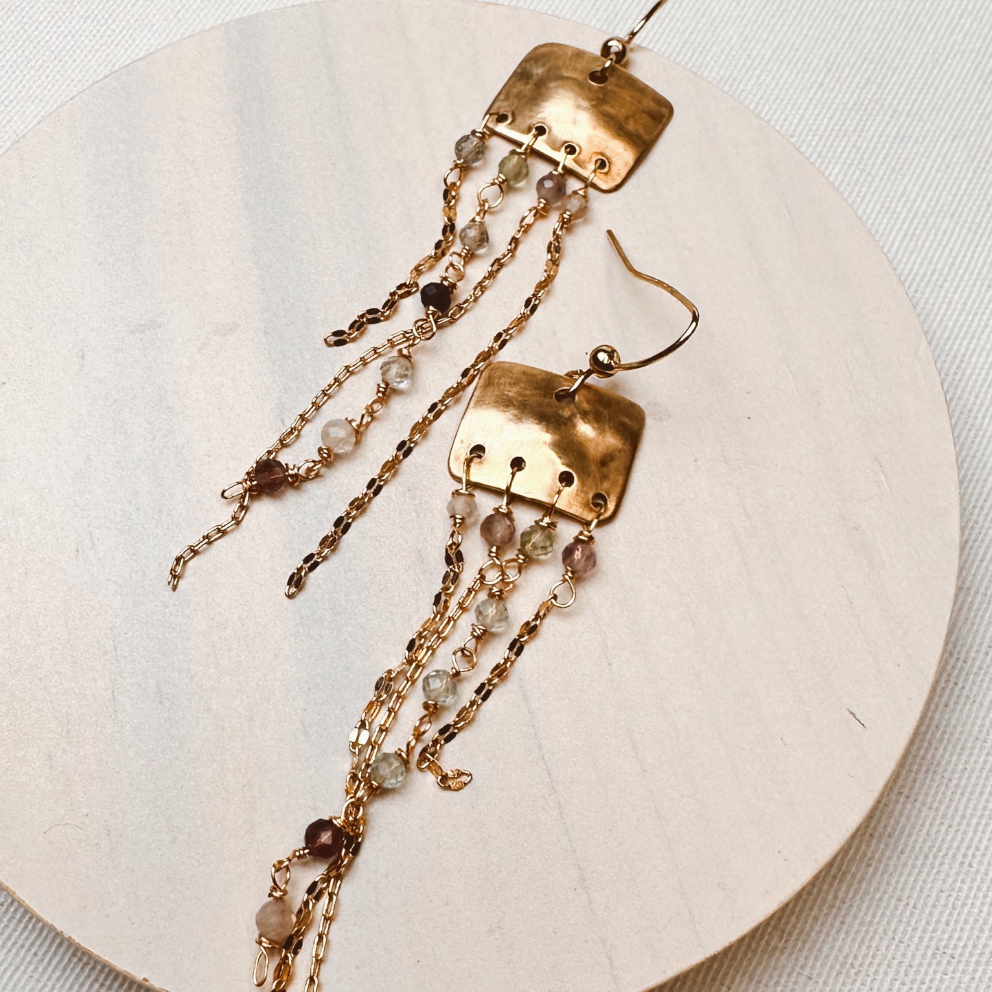 Gold Brass Waterfall Earrings with Fluorite – Handcrafted Dangle Earrings