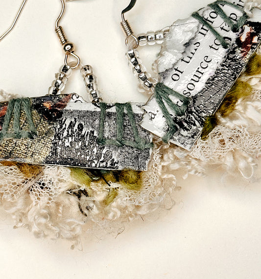 Palimpsest Relic Earrings – Textile & Paper Collage Dangle Earrings