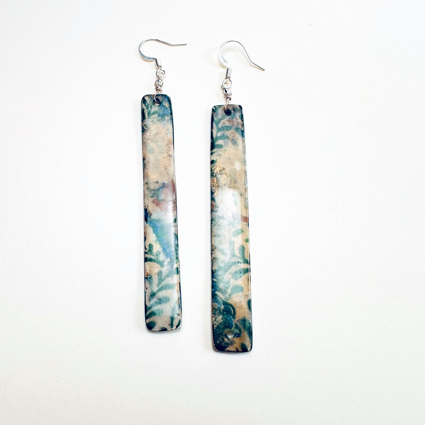 Handmade Green Botanical Collage Earrings – Mixed Media Decoupage Statement Jewelry | Ephemera Collection