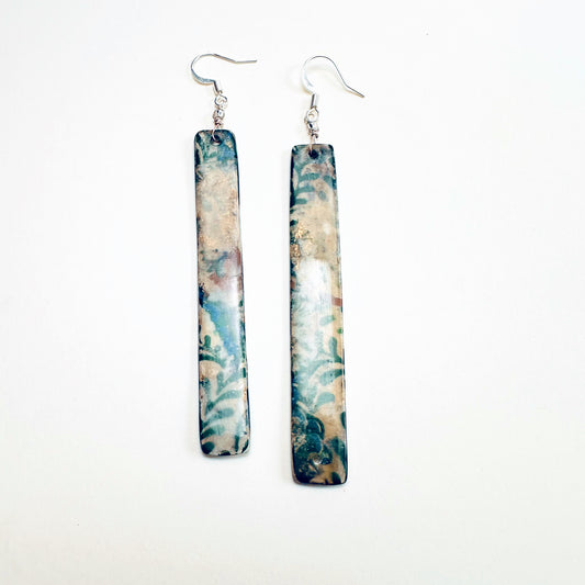 Handmade Green Botanical Collage Earrings – Mixed Media Decoupage Statement Jewelry | Ephemera Collection