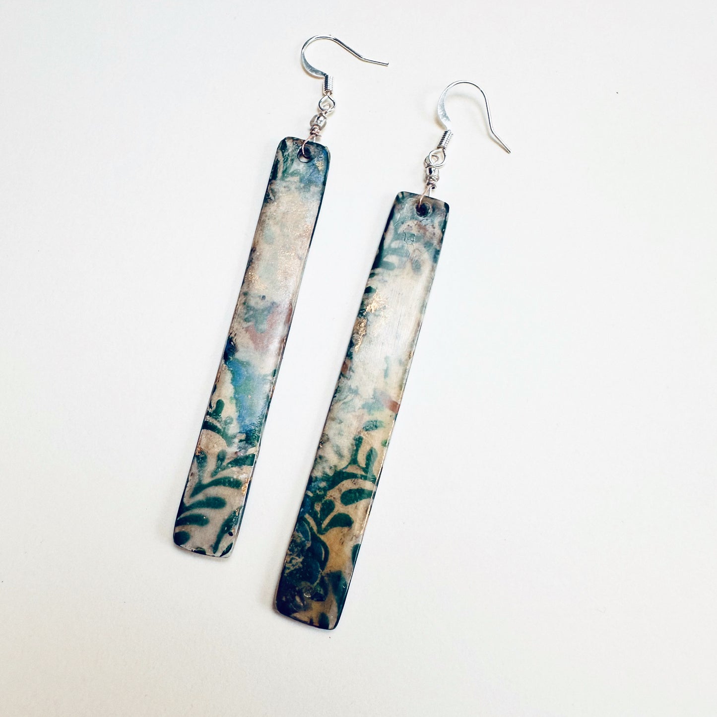 Handmade Green Botanical Collage Earrings – Mixed Media Decoupage Statement Jewelry | Ephemera Collection