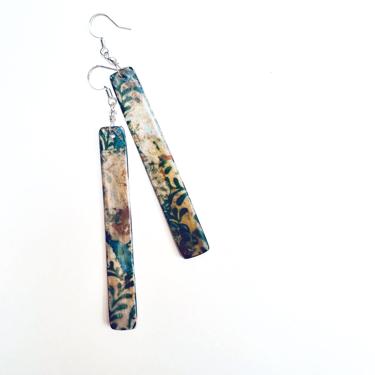 Handmade Green Botanical Collage Earrings – Mixed Media Decoupage Statement Jewelry | Ephemera Collection