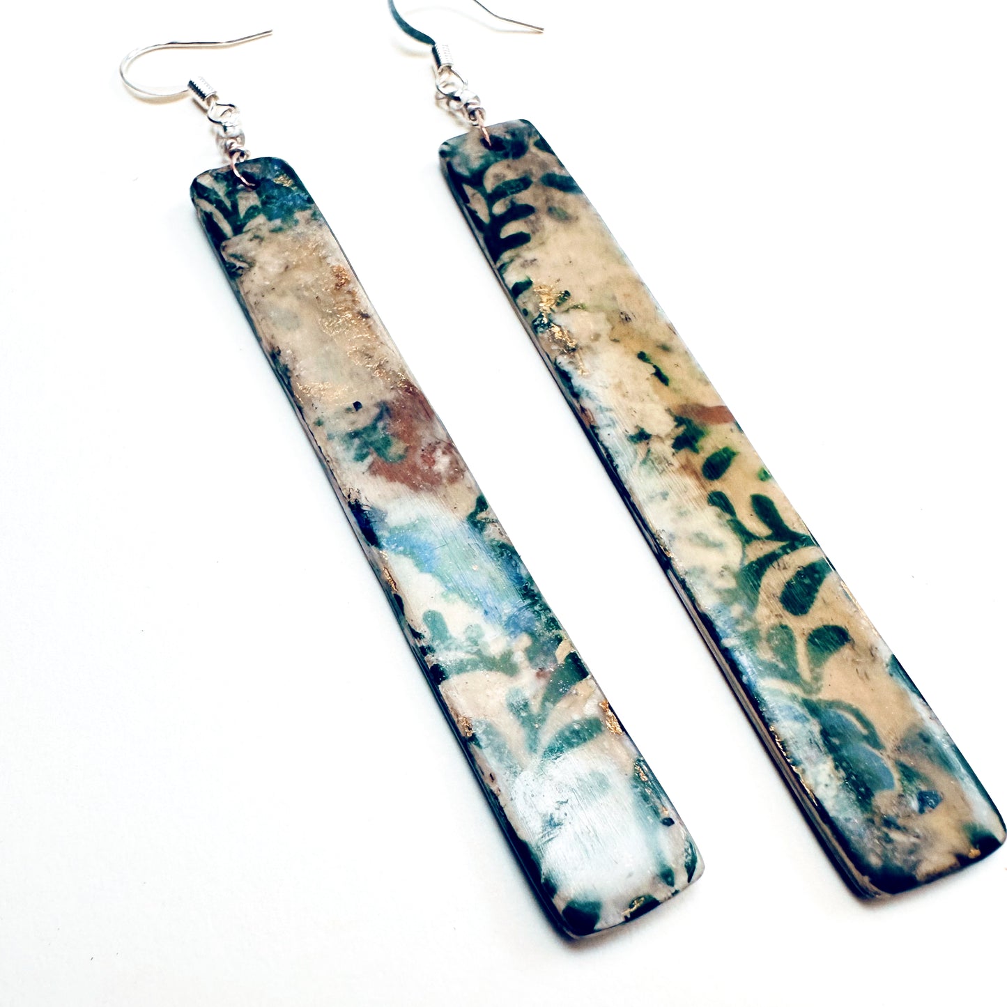 Handmade Green Botanical Collage Earrings – Mixed Media Decoupage Statement Jewelry | Ephemera Collection