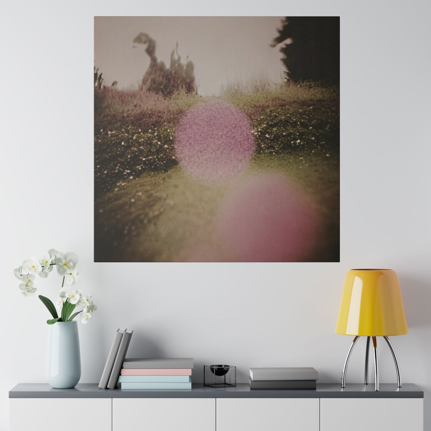 Neon Pink Meadow Orb Modern Art Dreamscape on Matte Canvas