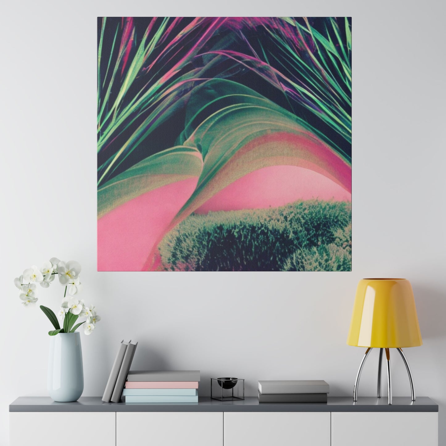 Green and Pink Neon Plant Abstract Canvas Wall Art Matte Canvas