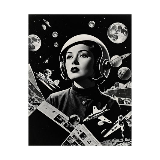 Moonwatcher Monochrome| Dada Psychedelic Collage Satin Poster (11x14”)