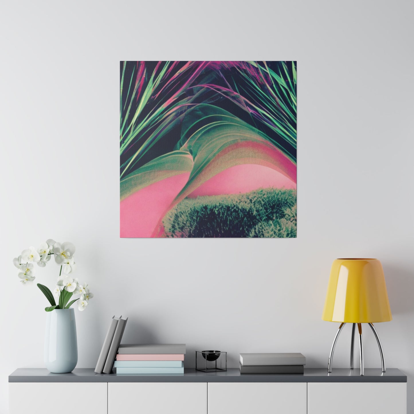 Green and Pink Neon Plant Abstract Canvas Wall Art Matte Canvas