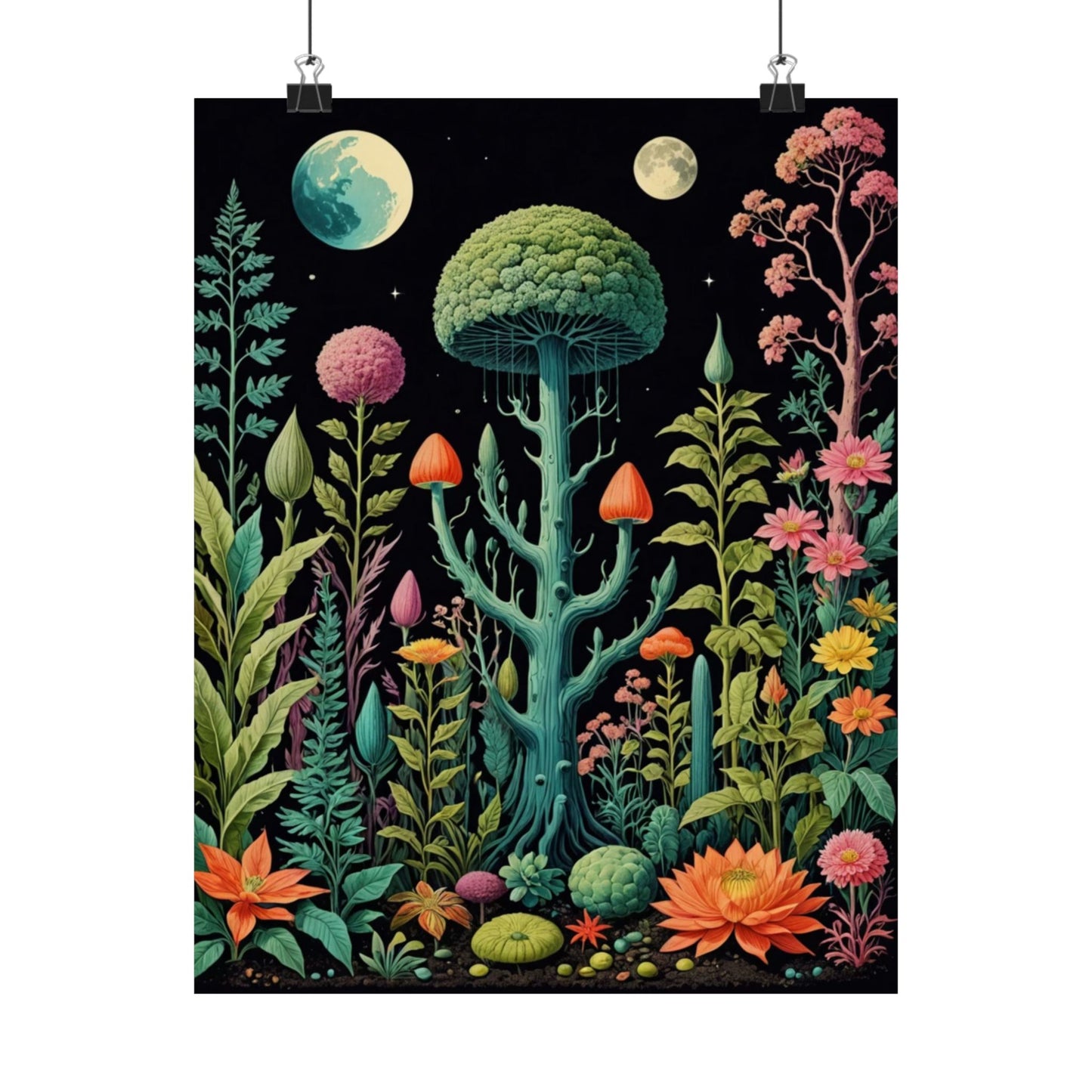 Twin Moons Meadow – Psychedelic Forest Fantasy Print | Surreal Psychedelic Fantasy Posters – Whimsical Fine Art Wall Prints