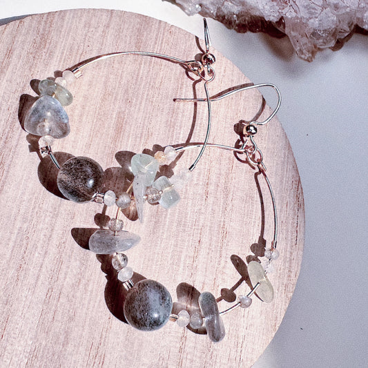 Silver Moondrop Labradorite Hoops |Aquamarine & Clear Topaz