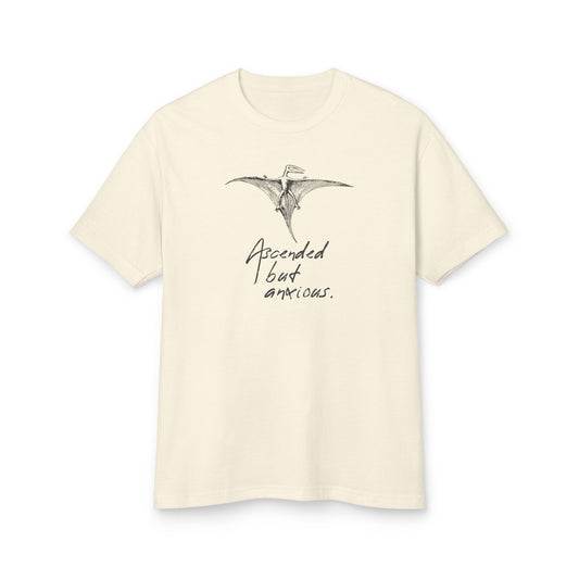 Ascended but Anxious” Unisex Heavyweight Cotton Graphic Tee | Spiritual Existential T-Shirt