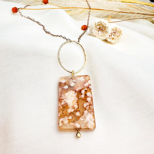 Sakura Bloom Pendant Necklace| One-of-A-Kind Sakura Agate Floral Pendant Necklace in Warm Brass