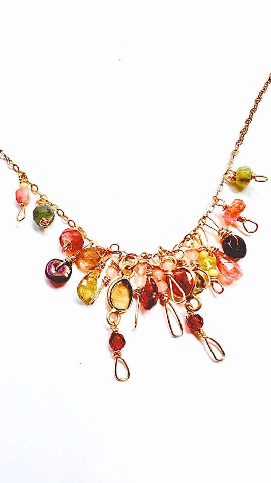 Multi Tourmaline Gold Gemstone Drip Necklace - Bohemian Style with Rose Quartz, Peridot, Garnet