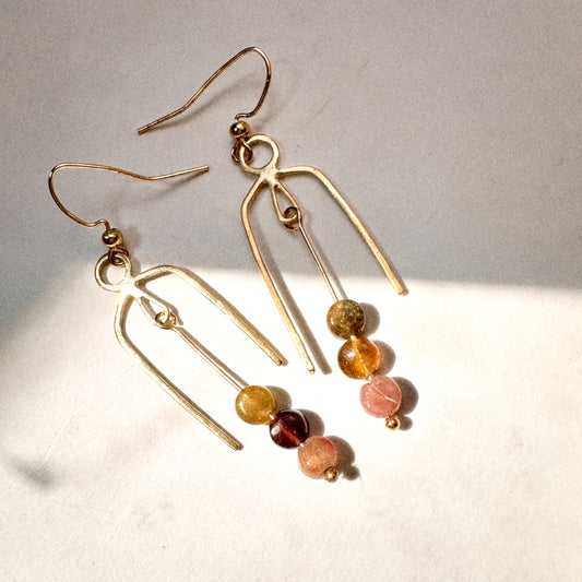 Geometric Nu Gold Brass Tourmaline Dangle Earrings – Handmade Arch Design