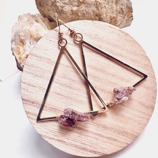 Super Seven Triangle Earrings |Handmade Gemstone Jewelry in Brass