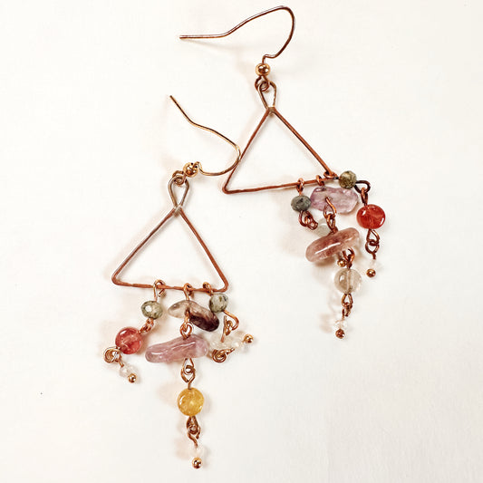 Copper Triangle Dangle Earrings | Tourmaline, Clear Topaz & Super Seven Gemstone Earrings