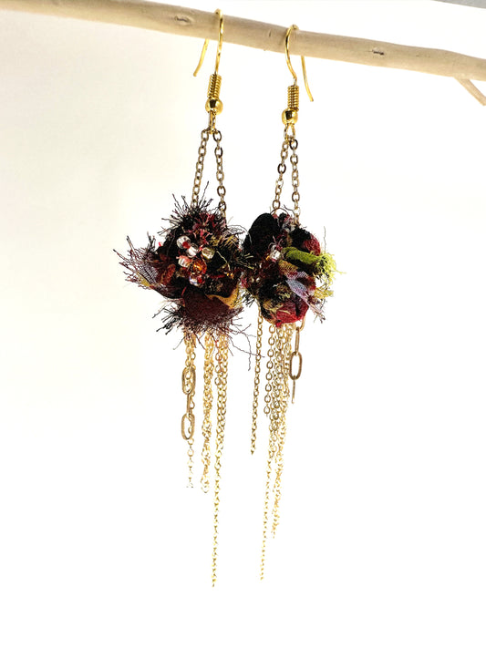 Crimson Cascade Upcycled Flower Fiber Earrings